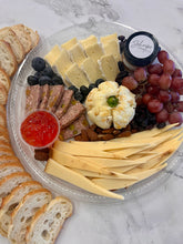 Load image into Gallery viewer, Good Grazes Autumn Harvest Board with cheeses, pùté, red grapes, blueberries, salted caramel and baguette