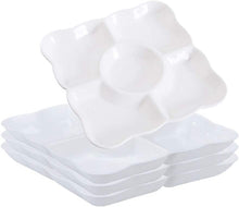 Load image into Gallery viewer, White Plastic Divided Appetizer Serving Tray 5-Section Chip & Dip Candy Snack Salad Desserts Dried Fruit Nuts Plate for Thanksgiving Wedding Home Office Party , Set of 4 Pcs
