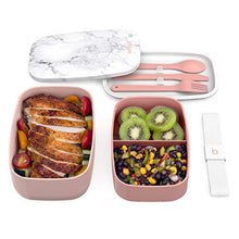 Load image into Gallery viewer, All-in-One Stackable Bento Lunch Box Container - Modern Bento- 2 Stackable Containers, Built-in Plastic Utensil Set, and Nylon Sealing Strap (Blush Marble)