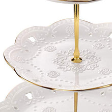 Load image into Gallery viewer, BonNoces 3-Tier Porcelain Embossed Cupcake Stand - Pure White Rimmed with Gold Dessert Cake Stand - Pastry Serving Tray Platter for Tea Party, Wedding and Birthday