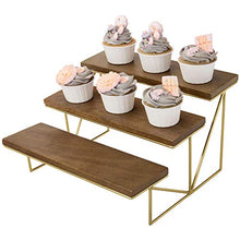 Load image into Gallery viewer, MyGift Dark Brown Mango Wood 3 Tier Cupcake Stand with Brass Metal Frame, Tiered Serving Stand Appetizer and Dessert Display Riser