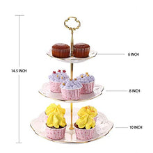 Load image into Gallery viewer, BonNoces 3-Tier Porcelain Embossed Cupcake Stand - Pure White Rimmed with Gold Dessert Cake Stand - Pastry Serving Tray Platter for Tea Party, Wedding and Birthday