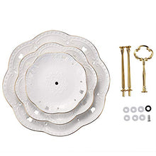 Load image into Gallery viewer, BonNoces 3-Tier Porcelain Embossed Cupcake Stand - Pure White Rimmed with Gold Dessert Cake Stand - Pastry Serving Tray Platter for Tea Party, Wedding and Birthday