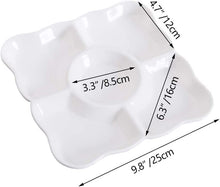 Load image into Gallery viewer, White Plastic Divided Appetizer Serving Tray 5-Section Chip & Dip Candy Snack Salad Desserts Dried Fruit Nuts Plate for Thanksgiving Wedding Home Office Party , Set of 4 Pcs