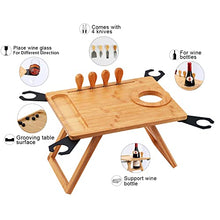 Load image into Gallery viewer, Picnic Table Portable, Foldable Table Bamboo Snack Table Beach Table with 4 Cheese Knives and Wine Bottle Glass Holder Adjustable Rotation
