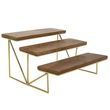 Load image into Gallery viewer, MyGift Dark Brown Mango Wood 3 Tier Cupcake Stand with Brass Metal Frame, Tiered Serving Stand Appetizer and Dessert Display Riser