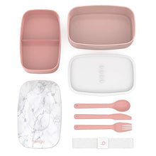 Load image into Gallery viewer, All-in-One Stackable Bento Lunch Box Container - Modern Bento- 2 Stackable Containers, Built-in Plastic Utensil Set, and Nylon Sealing Strap (Blush Marble)