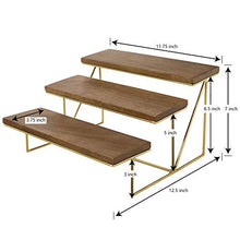 Load image into Gallery viewer, MyGift Dark Brown Mango Wood 3 Tier Cupcake Stand with Brass Metal Frame, Tiered Serving Stand Appetizer and Dessert Display Riser