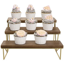 Load image into Gallery viewer, MyGift Dark Brown Mango Wood 3 Tier Cupcake Stand with Brass Metal Frame, Tiered Serving Stand Appetizer and Dessert Display Riser