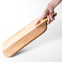 Load image into Gallery viewer, BILL.F Acacia Wood Cutting Board with Handle Small Size Long Wooden Charcuterie Board Paddle Cheese Board Serving Boards for Kitchen Meat, Pizza,Cheese, Bread, Vegetables &Fruits 16'' x 4.7'' x 0.6''