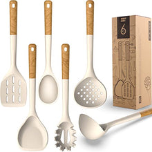 Load image into Gallery viewer, Silicone Cooking Utensils - Kitchen Utensil Set,Slotted/Solid Spoon,Turner,Spatula,Pasta Server,Deep Soup Ladle,Wooden Handles Kitchen Gadgets Tools Set,Non-Stick Cookware Friendly (Khaki)