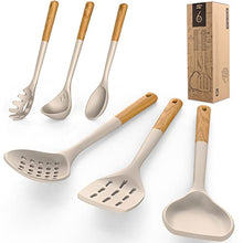 Load image into Gallery viewer, Silicone Cooking Utensils - Kitchen Utensil Set,Slotted/Solid Spoon,Turner,Spatula,Pasta Server,Deep Soup Ladle,Wooden Handles Kitchen Gadgets Tools Set,Non-Stick Cookware Friendly (Khaki)