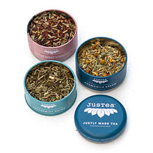 Load image into Gallery viewer, JusTea Herbal Tea Trio | 3 Flavour Tin Variety Pack with Hand Carved Tea Spoon | 45+ Cups of Loose Leaf Tea | Caffeine Free | Award-Winning | Fair Trade | Non-GMO