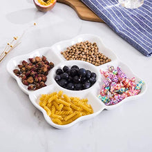 Load image into Gallery viewer, White Plastic Divided Appetizer Serving Tray 5-Section Chip & Dip Candy Snack Salad Desserts Dried Fruit Nuts Plate for Thanksgiving Wedding Home Office Party , Set of 4 Pcs