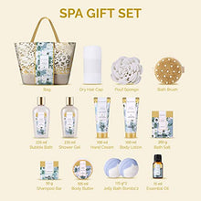 Load image into Gallery viewer, Spa Gift Baskets for Women, Bath Gifts Set with Jasmine Scent, Spa Luxetique 15pc Home Spa Kit Includes Bath Bombs, Essential Oil, Hand Cream, Bath Salt and Handmade Tote Bag, Birthday & Mother's Day Gifts for Women