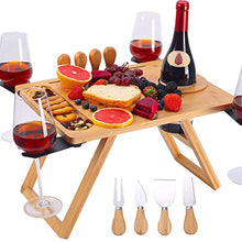 Load image into Gallery viewer, Picnic Table Portable, Foldable Table Bamboo Snack Table Beach Table with 4 Cheese Knives and Wine Bottle Glass Holder Adjustable Rotation