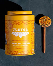 Load image into Gallery viewer, JusTea TURMERIC GINGER | Loose Leaf Herbal Tea with Hand Carved Tea Spoon | 40+ Cups (110g) | Caffeine Free | Award-Winning | Fair Trade | Non-GMO