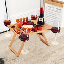 Load image into Gallery viewer, Picnic Table Portable, Foldable Table Bamboo Snack Table Beach Table with 4 Cheese Knives and Wine Bottle Glass Holder Adjustable Rotation