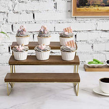 Load image into Gallery viewer, MyGift Dark Brown Mango Wood 3 Tier Cupcake Stand with Brass Metal Frame, Tiered Serving Stand Appetizer and Dessert Display Riser