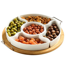 Load image into Gallery viewer, Yarlung 10 Inch Ceramic Divided Serving Dishes with Bamboo Platter, Relish Tray 6 Removable Bowls for Condiment, Appetizer, Chips, Dip, Nuts, Fruits, Veggies, Candy, Snacks