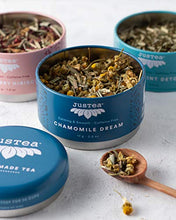 Load image into Gallery viewer, JusTea Herbal Tea Trio | 3 Flavour Tin Variety Pack with Hand Carved Tea Spoon | 45+ Cups of Loose Leaf Tea | Caffeine Free | Award-Winning | Fair Trade | Non-GMO