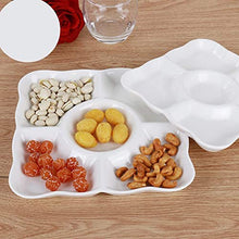 Load image into Gallery viewer, White Plastic Divided Appetizer Serving Tray 5-Section Chip & Dip Candy Snack Salad Desserts Dried Fruit Nuts Plate for Thanksgiving Wedding Home Office Party , Set of 4 Pcs