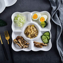 Load image into Gallery viewer, White Plastic Divided Appetizer Serving Tray 5-Section Chip & Dip Candy Snack Salad Desserts Dried Fruit Nuts Plate for Thanksgiving Wedding Home Office Party , Set of 4 Pcs