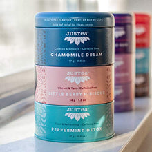 Load image into Gallery viewer, JusTea Herbal Tea Trio | 3 Flavour Tin Variety Pack with Hand Carved Tea Spoon | 45+ Cups of Loose Leaf Tea | Caffeine Free | Award-Winning | Fair Trade | Non-GMO