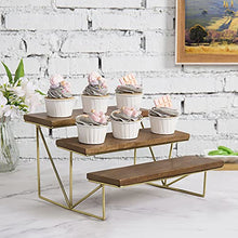 Load image into Gallery viewer, MyGift Dark Brown Mango Wood 3 Tier Cupcake Stand with Brass Metal Frame, Tiered Serving Stand Appetizer and Dessert Display Riser