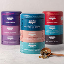 Load image into Gallery viewer, JusTea Herbal Tea Trio | 3 Flavour Tin Variety Pack with Hand Carved Tea Spoon | 45+ Cups of Loose Leaf Tea | Caffeine Free | Award-Winning | Fair Trade | Non-GMO