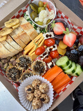 Load image into Gallery viewer, Vegan Grazing Box with bread, plant-based cheeses, vegetables, fruit, dips and nuts.