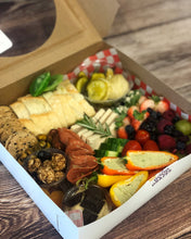 Load image into Gallery viewer, Open Vegan Grazing Box with bread, fruit, vegetables, plant-based cheese and savoury bites.