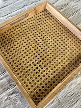 Load image into Gallery viewer, Wood &amp; Rattan Serving Tray with Handles
