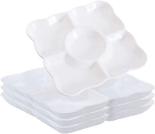 Load image into Gallery viewer, White Plastic Divided Appetizer Serving Tray 5-Section Chip &amp; Dip Candy Snack Salad Desserts Dried Fruit Nuts Plate for Thanksgiving Wedding Home Office Party , Set of 4 Pcs
