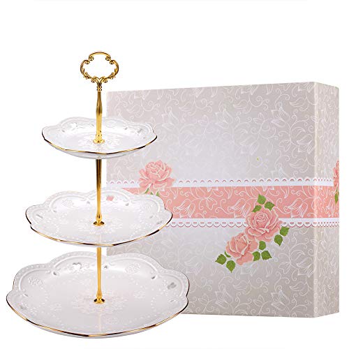 BonNoces 3-Tier Porcelain Embossed Cupcake Stand - Pure White Rimmed with Gold Dessert Cake Stand - Pastry Serving Tray Platter for Tea Party, Wedding and Birthday