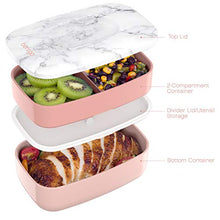Load image into Gallery viewer, All-in-One Stackable Bento Lunch Box Container - Modern Bento- 2 Stackable Containers, Built-in Plastic Utensil Set, and Nylon Sealing Strap (Blush Marble)
