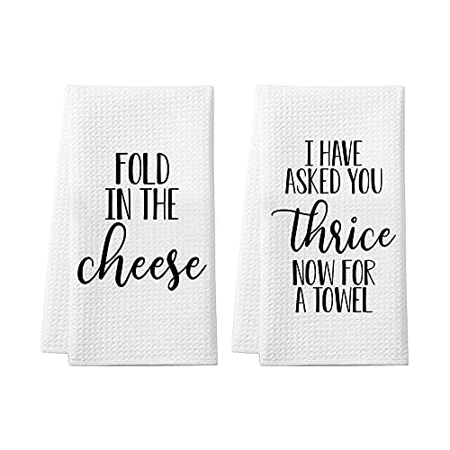 Saukore Funny Kitchen Towels, Fold in The Cheese Dish Towels Set, Super Absorbent Kitchen Hand Towels - 2 Pack Decorative Waffle Weave Dish Towels, Cute Birthday Gift, Housewarming Gifts