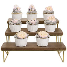 Load image into Gallery viewer, MyGift Dark Brown Mango Wood 3 Tier Cupcake Stand with Brass Metal Frame, Tiered Serving Stand Appetizer and Dessert Display Riser
