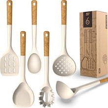 Load image into Gallery viewer, Silicone Cooking Utensils - Kitchen Utensil Set,Slotted/Solid Spoon,Turner,Spatula,Pasta Server,Deep Soup Ladle,Wooden Handles Kitchen Gadgets Tools Set,Non-Stick Cookware Friendly (Khaki)

