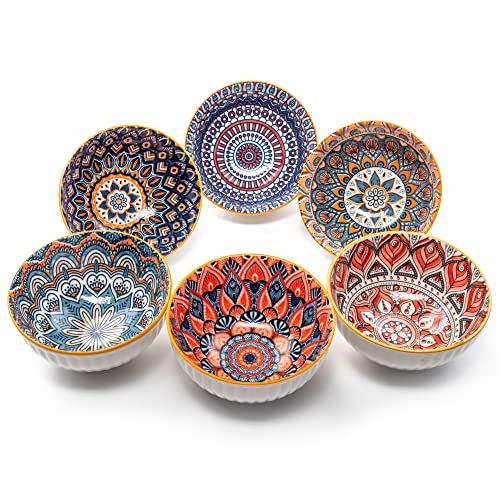Small Mandala Porcelain Bowl Set | Bowls for Side Dishes, Dips, Snacks, Rice, Noodles, Ice Cream | Portion Control, Stackable, Microwave & Dishwasher Safe | 4.5 Inch, 10 Ounce, Set of 6
