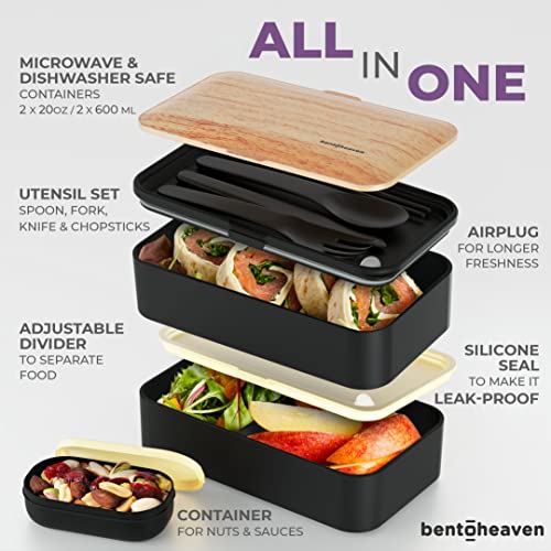 Bento Box Ault Lunch Box, Microwave, Ishwasher & Freezer Safe, Inclues 2  Stackable Containers, Built-in Plastic Utensil Set, Nylon Sealing Strap,  Bent