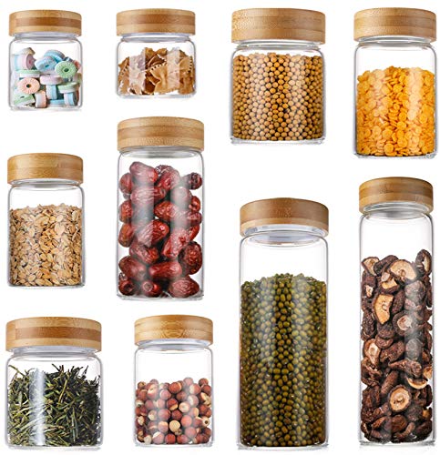 Lawei Set of 10 Glass Food Jars with Bamboo Lids - Food Storage Jars Glass Canister Set for Candy, Cookie, Rice, Sugar, Flour, Pasta, Nuts
