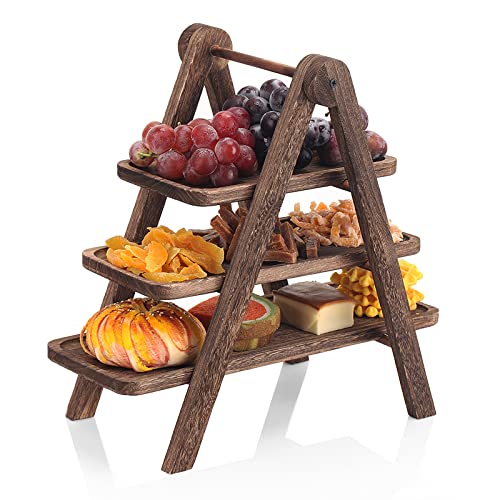Nynelly Wood Tiered Serving Tray , 3 Tier Serving Stand, Wooden Serving Tray for Entertaining Serving Platter with Collapsible Stand for Picnic Party,Party Serving Trays and Platters