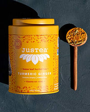 Load image into Gallery viewer, JusTea TURMERIC GINGER | Loose Leaf Herbal Tea with Hand Carved Tea Spoon | 40+ Cups (110g) | Caffeine Free | Award-Winning | Fair Trade | Non-GMO
