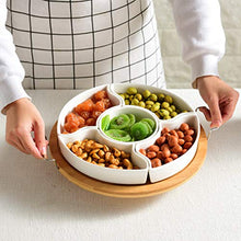 Load image into Gallery viewer, Yarlung 10 Inch Ceramic Divided Serving Dishes with Bamboo Platter, Relish Tray 6 Removable Bowls for Condiment, Appetizer, Chips, Dip, Nuts, Fruits, Veggies, Candy, Snacks

