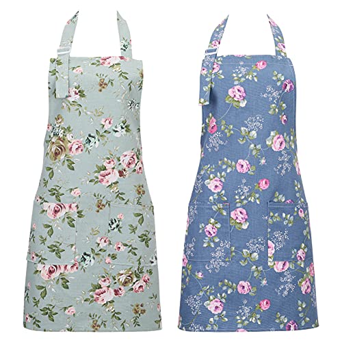 SUSSURRO 2 Pack Floral Aprons with 2 Pockets, Cotton Canvas Chef Bakers Apron Cooking Baking Adjustable Kitchen Aprons with Rose Pattern for Mom Wife