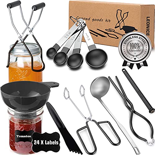 Canning Supplies, Canning Kit, Stainless Steel Canning Set for Canning Pot, Canning Tools - Ladle, Measuring Spoon,Tongs, Funnel, Jar Lifter, Bubble Popper, Lid Lifter, Jar Wrench, Labels - Black