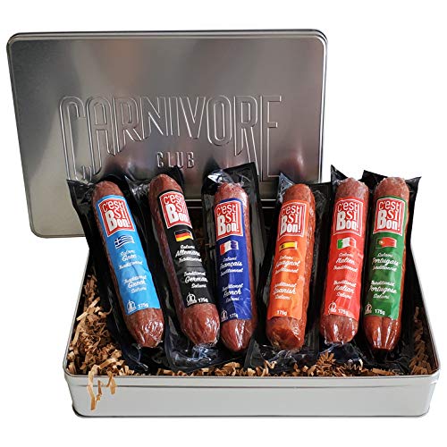 Carnivore Club 6-Pack Salami Sampler Taste of Europe - Comes in Premium Gift Tin Box - Meat Sampler Gourmet Food Gift Basket - Great with Crackers Cheese Wine - Ultimate Gift for Meat Lovers