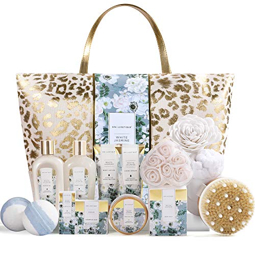 Spa Gift Baskets for Women, Bath Gifts Set with Jasmine Scent, Spa Luxetique 15pc Home Spa Kit Includes Bath Bombs, Essential Oil, Hand Cream, Bath Salt and Handmade Tote Bag, Birthday & Mother's Day Gifts for Women