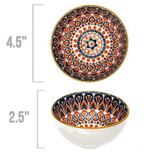 Load image into Gallery viewer, Small Mandala Porcelain Bowl Set | Bowls for Side Dishes, Dips, Snacks, Rice, Noodles, Ice Cream | Portion Control, Stackable, Microwave &amp; Dishwasher Safe | 4.5 Inch, 10 Ounce, Set of 6
